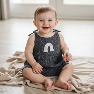 Baby Girl Polka Dot Bubble Rainbow Blue Jumper Bow Sleeve Onepiece Jumpsuit 6-9M